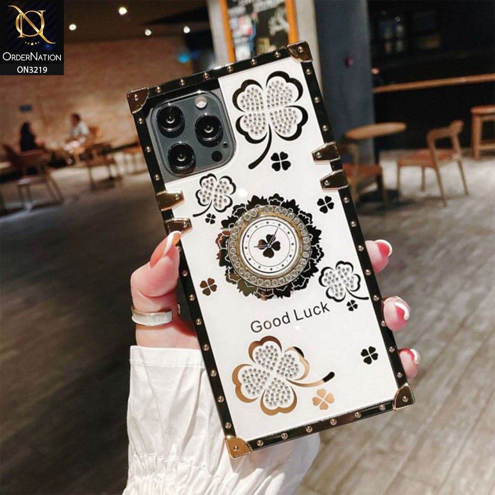 iPhone 16 Pro Max Cover - Ash White - Square Bling Diamond Glitter Soft TPU Trunk Case with Ring Holder - Futurestore.pk