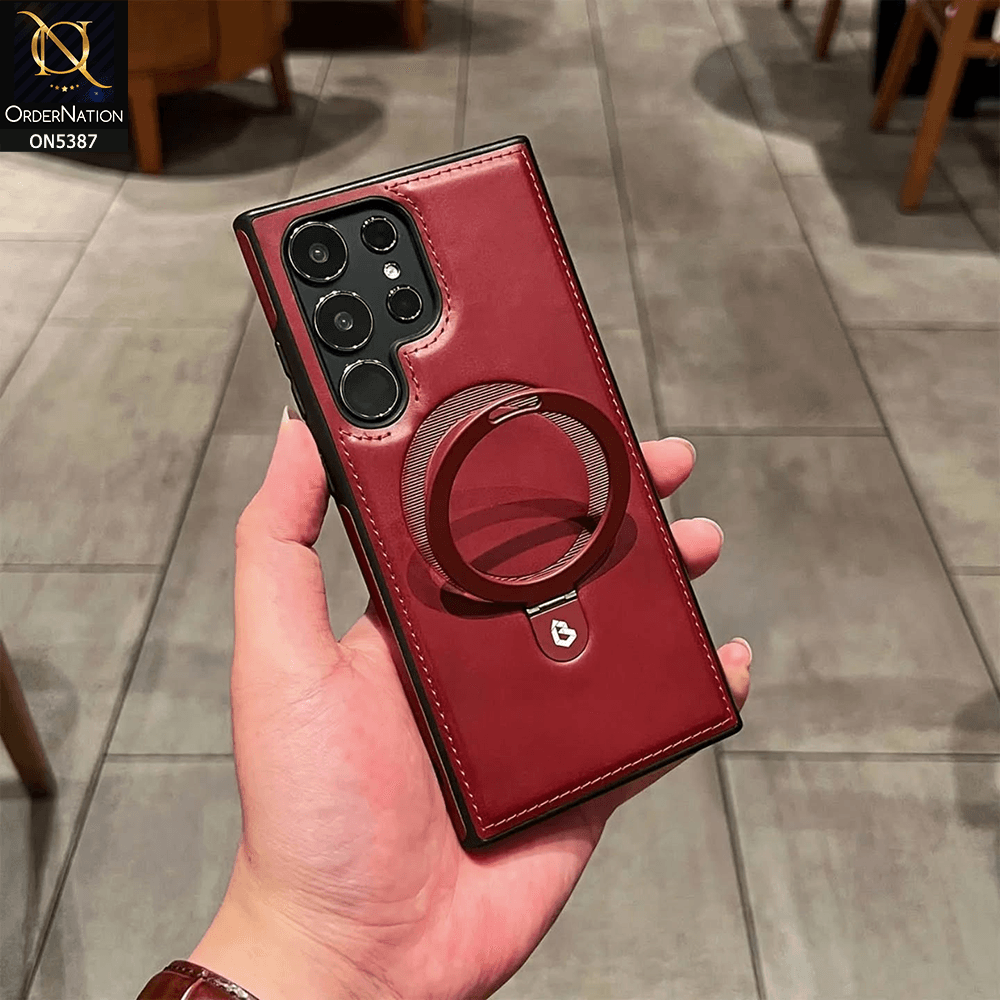 Samsung Galaxy S24 Ultra Cover - Maroon - Luxury Leather Case Supports Magsafe Wireless Charging, Kickstand Bracket Holder Soft Border Case - Futurestore.pk