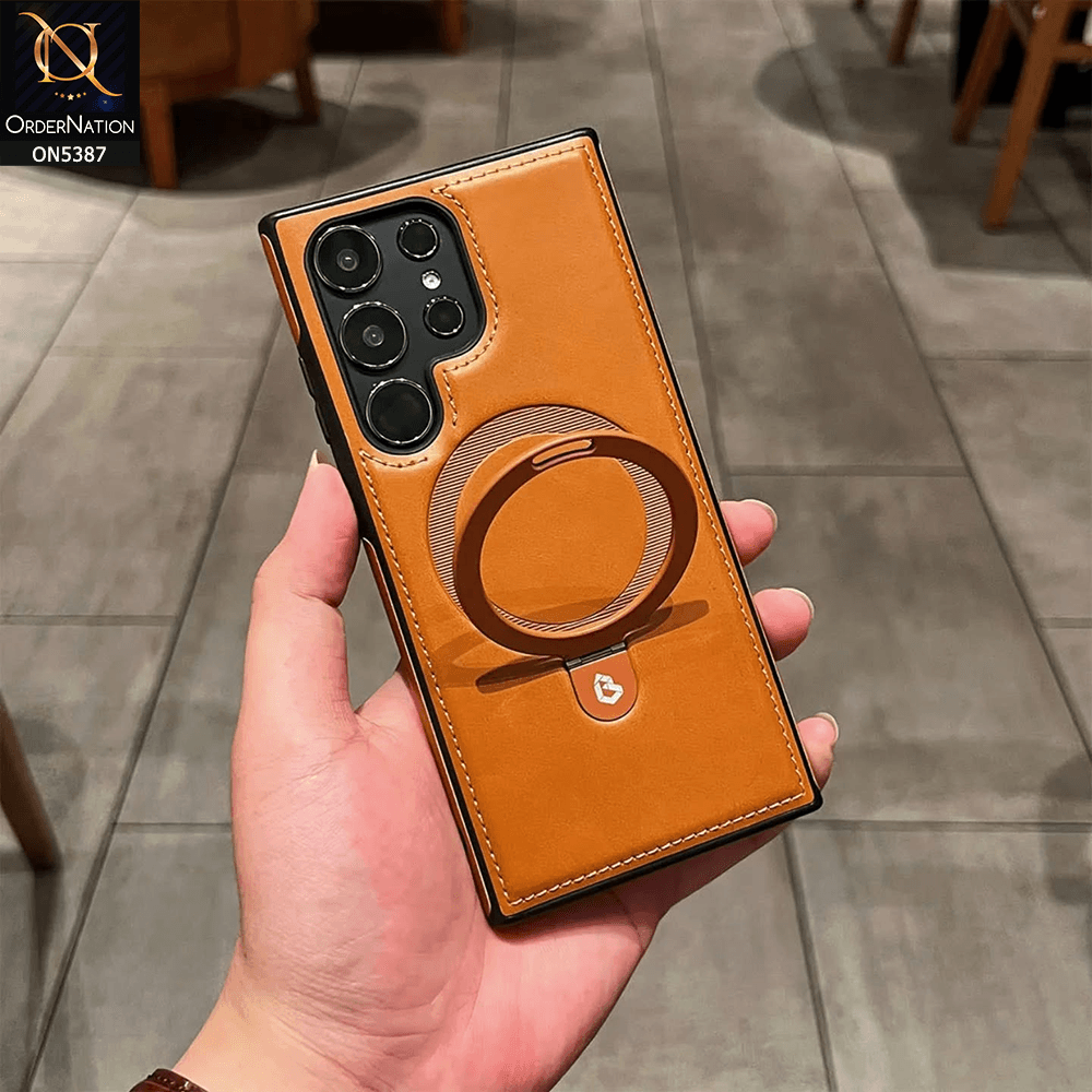Samsung Galaxy S24 Ultra Cover - Brown - Luxury Leather Case Supports Magsafe Wireless Charging, Kickstand Bracket Holder Soft Border Case - Futurestore.pk