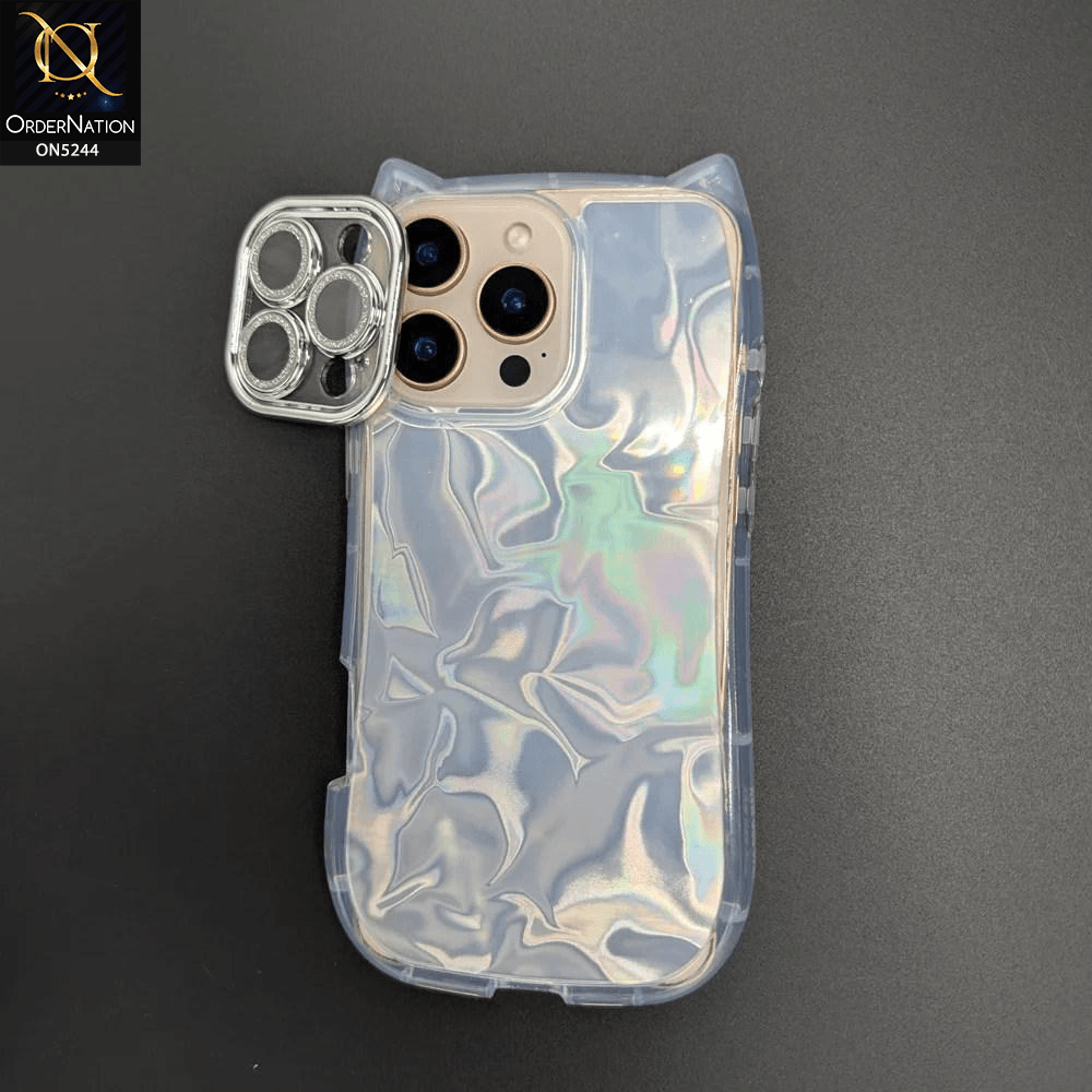 iPhone 16 Pro Max Cover - Silver - Cute 3D Kawaii Glitter Sparkle Laser Water Ripple Pattern Curly Wavy With Camera Lens Protection Case