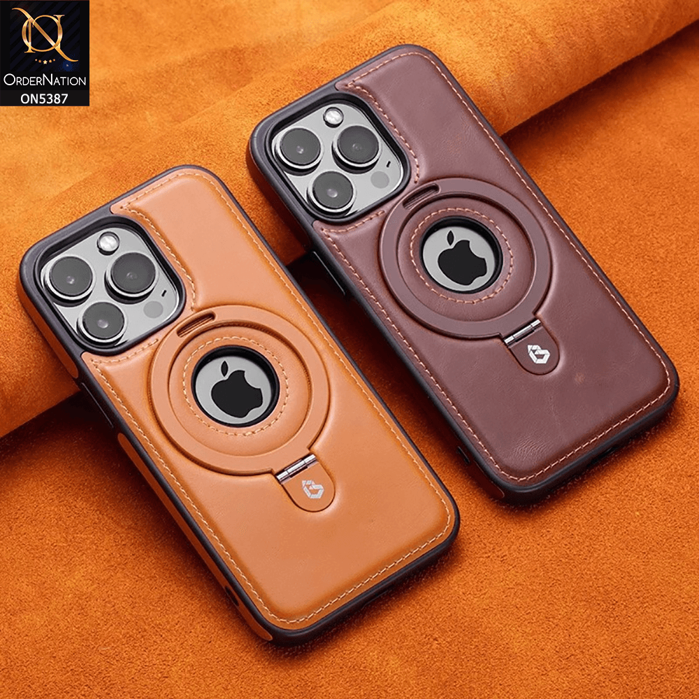 iPhone 16 Pro Max Cover - Brown - Luxury Leather Case Supports Magsafe Wireless Charging, Kickstand Bracket Holder Soft Border Case - Futurestore.pk