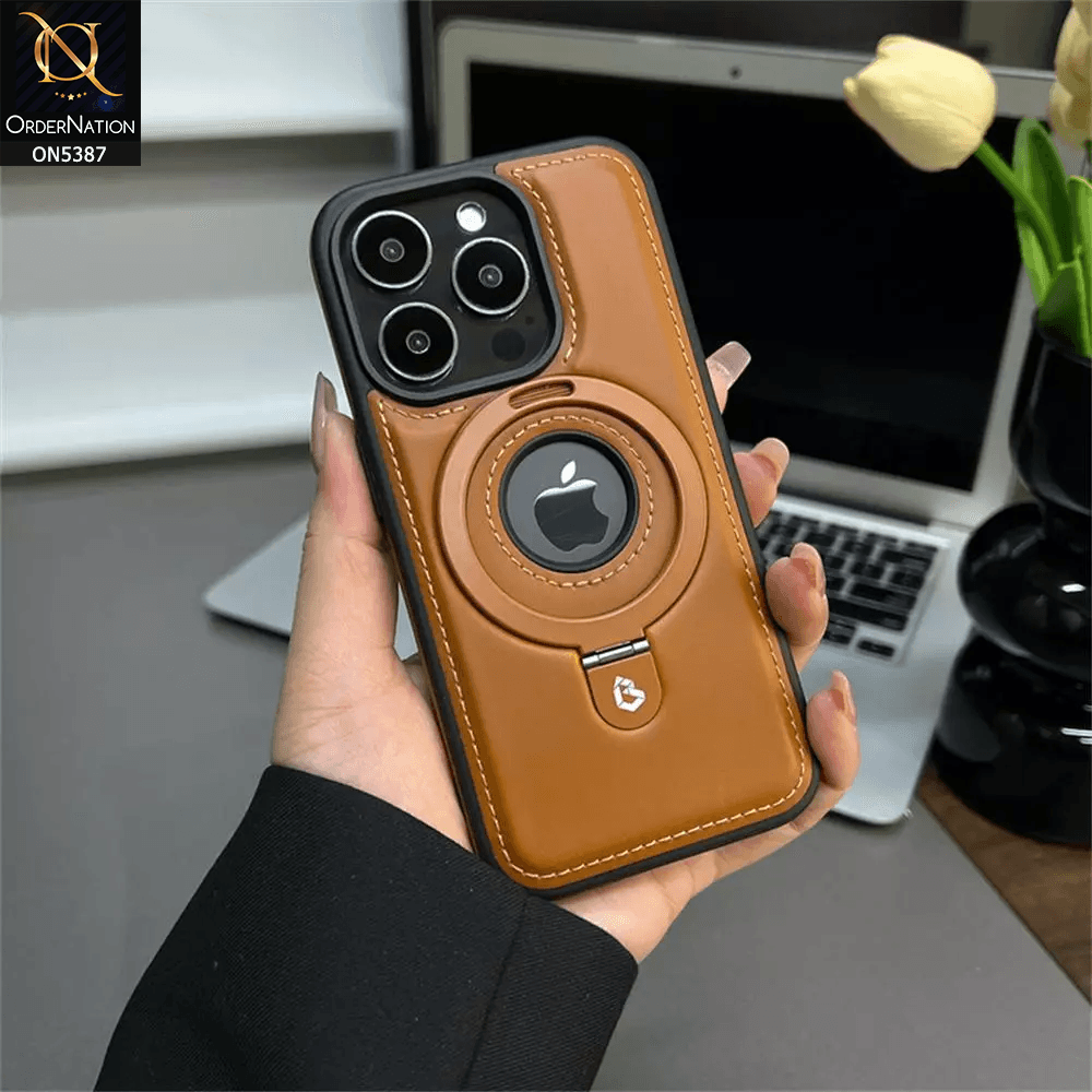 iPhone 16 Pro Max Cover - Brown - Luxury Leather Case Supports Magsafe Wireless Charging, Kickstand Bracket Holder Soft Border Case - Futurestore.pk