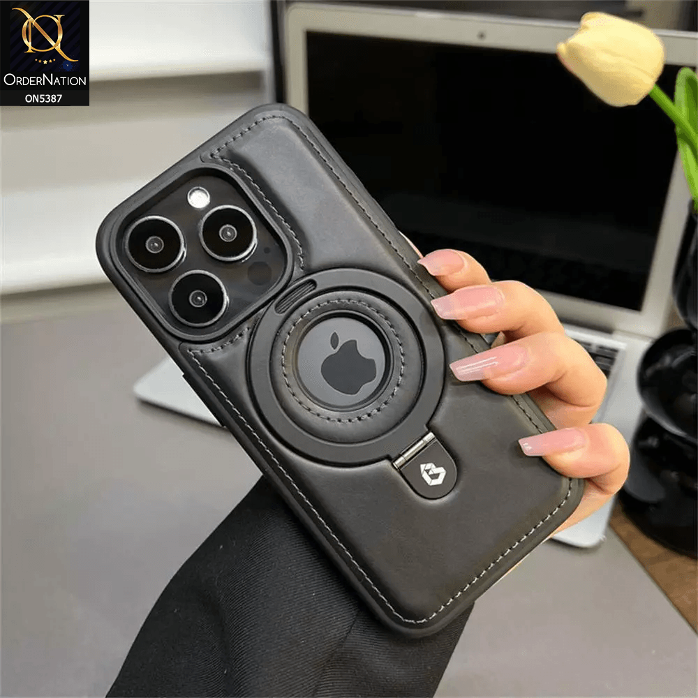 iPhone 16 Pro Max Cover - Black - Luxury Leather Case Supports Magsafe Wireless Charging, Kickstand Bracket Holder Soft Border Case - Futurestore.pk