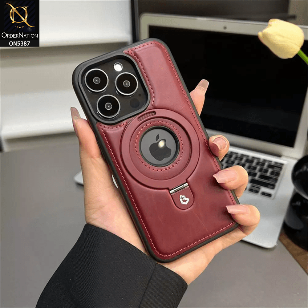 iPhone 16 Pro Max Cover - Maroon - Luxury Leather Case Supports Magsafe Wireless Charging, Kickstand Bracket Holder Soft Border Case - Futurestore.pk