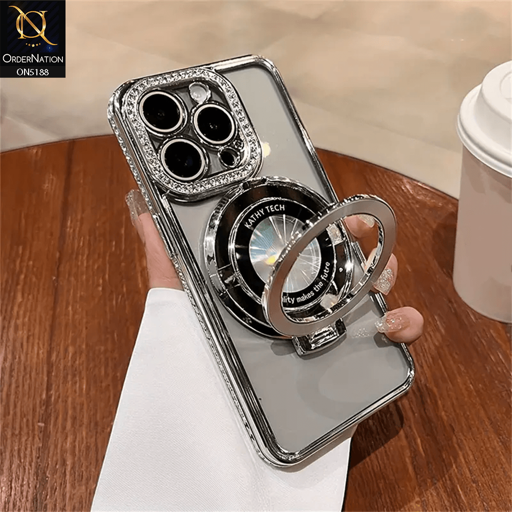 iPhone 16 Pro Max Cover - Silver - Luxury Diamond Rhinestones Color Electroplating Borders Magsafe Magnetic Stand Holder Soft Clear Case With Camera Protection - Futurestore.pk