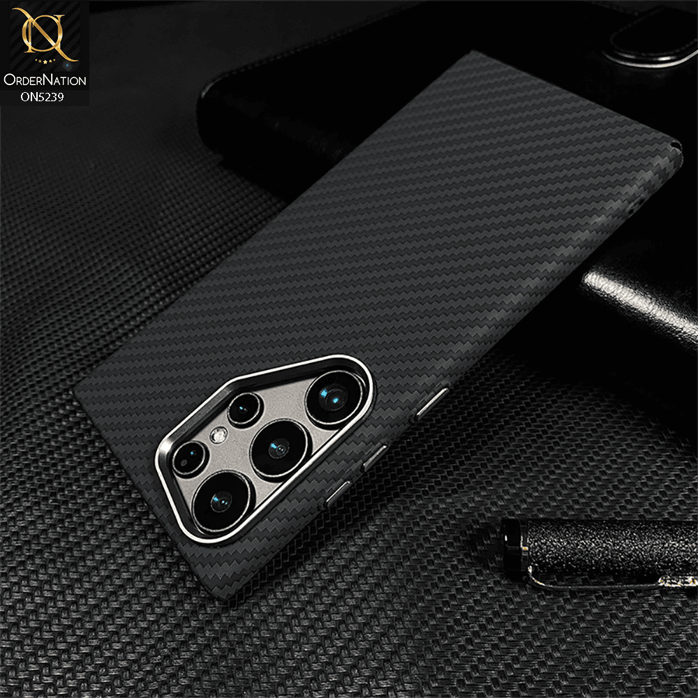 Samsung Galaxy S25 Ultra Cover - Design1 - Universe Luxo Carbon Fiber Texture Ultra Thin Shell Case With Metal Camera Ring Borders