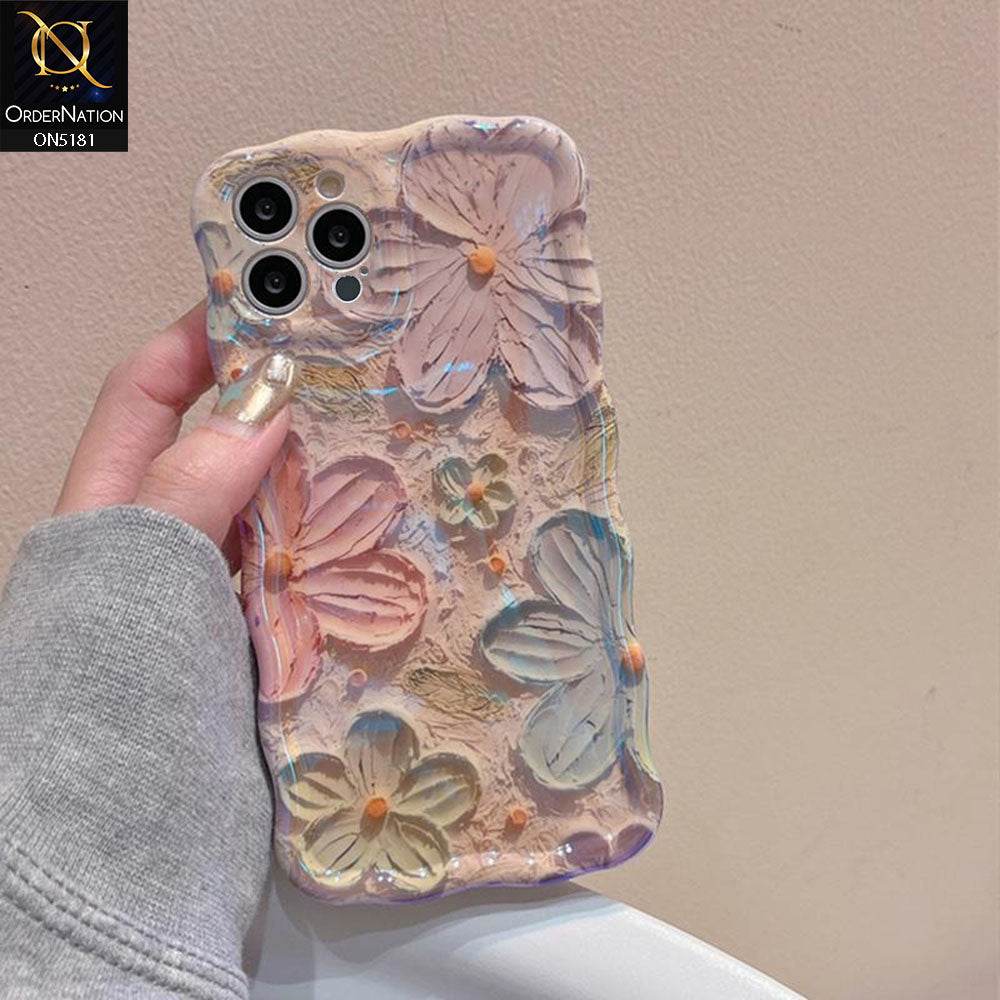 iPhone 13 Cover - Design1 - New Holographic Shine Oil Painting Flowers Design Curvy Borders Protective Case With Tussle Holder - Futurestore.pk