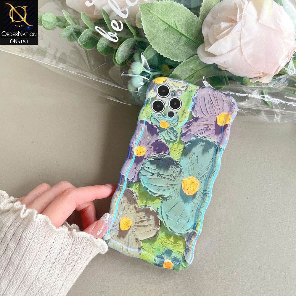 iPhone 13 Cover - Design2 - New Holographic Shine Oil Painting Flowers Design Curvy Borders Protective Case With Tussle Holder - Futurestore.pk