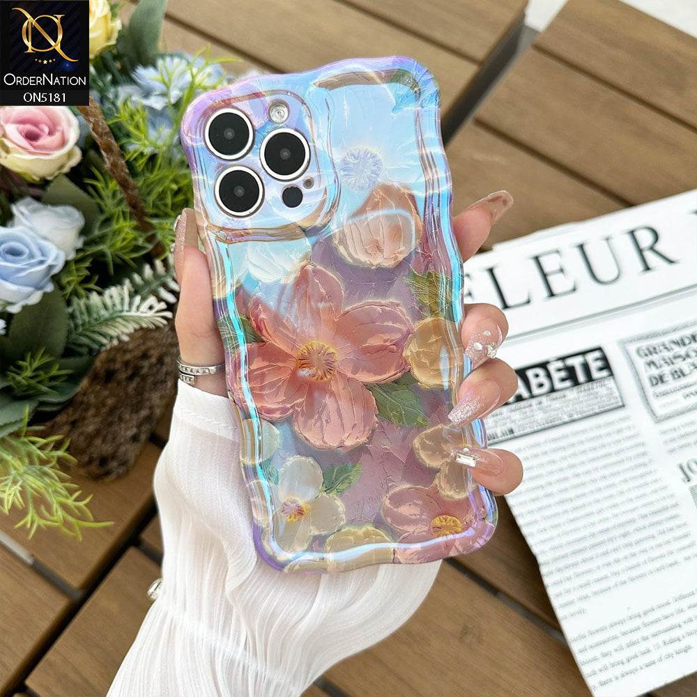 iPhone 13 Cover - Design3 - New Holographic Shine Oil Painting Flowers Design Curvy Borders Protective Case With Tussle Holder - Futurestore.pk