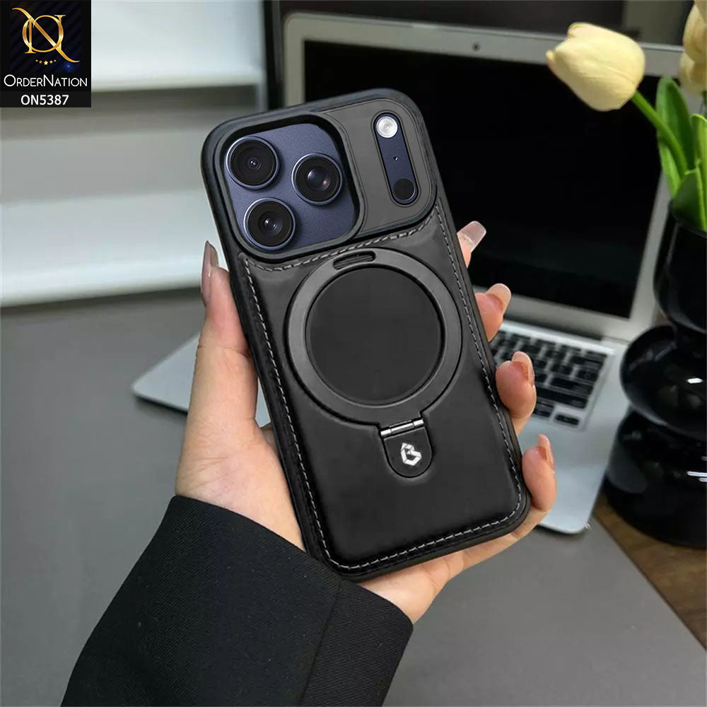 iPhone 17 Pro Max Cover - Black - Luxury Leather Case Supports Magsafe Wireless Charging, Kickstand Bracket Holder Soft Border Case