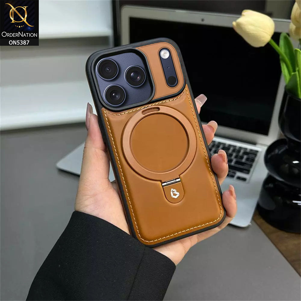 iPhone 17 Pro Max Cover - Brown - Luxury Leather Case Supports Magsafe Wireless Charging, Kickstand Bracket Holder Soft Border Case