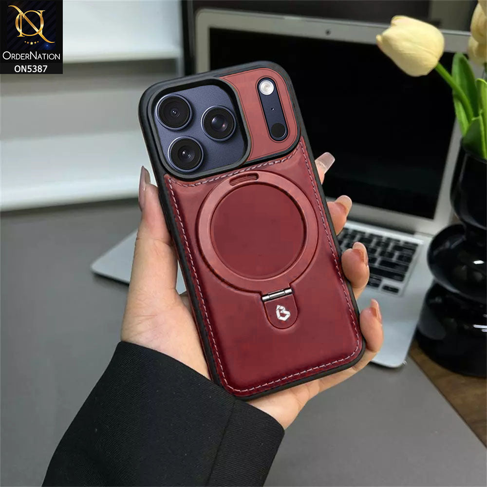 iPhone 17 Pro Max Cover - Maroon - Luxury Leather Case Supports Magsafe Wireless Charging, Kickstand Bracket Holder Soft Border Case