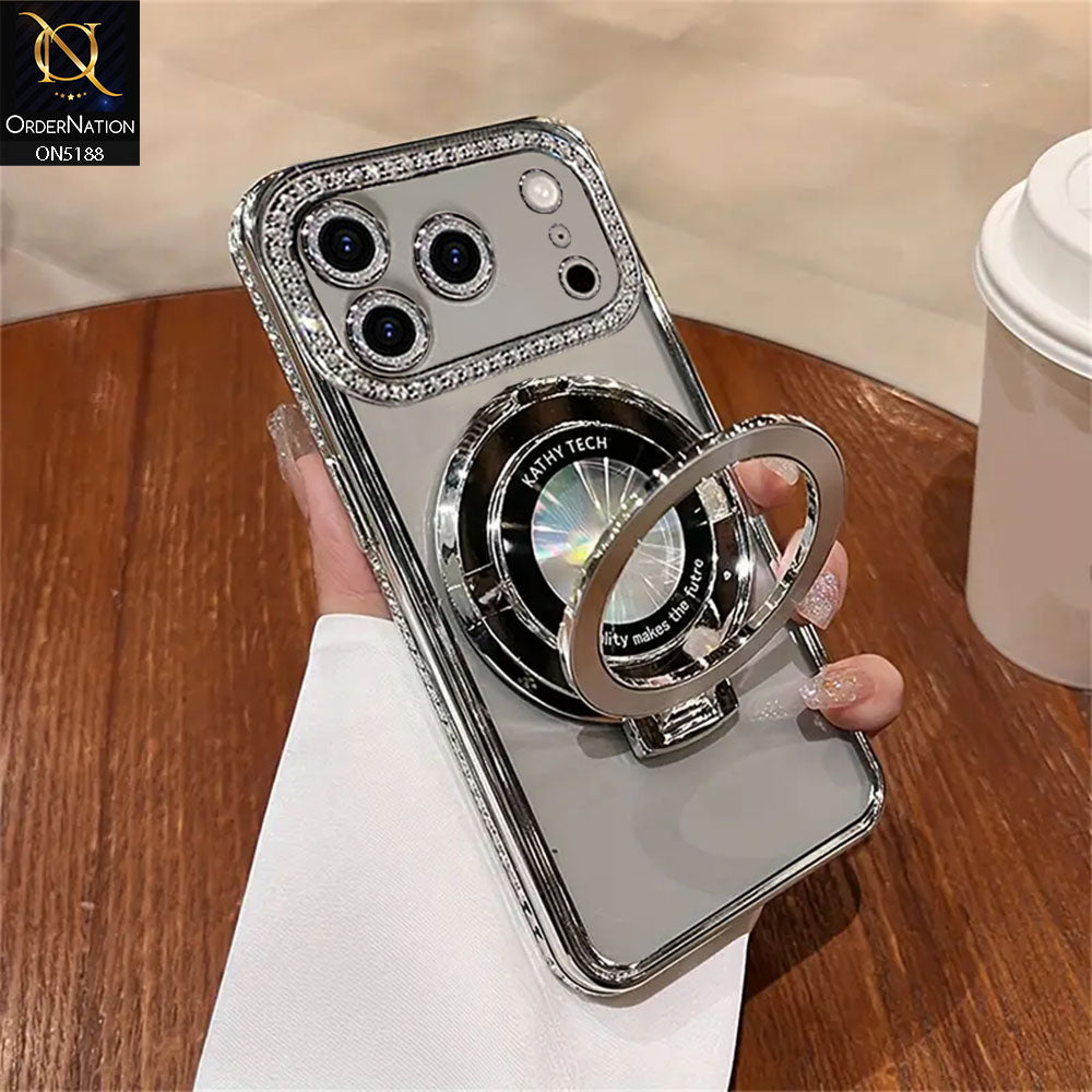 iPhone 17 Pro Max Cover - Silver - Luxury Diamond Rhinestones Color Electroplating Borders Magsafe Magnetic Stand Holder Soft Clear Case With Camera Protection