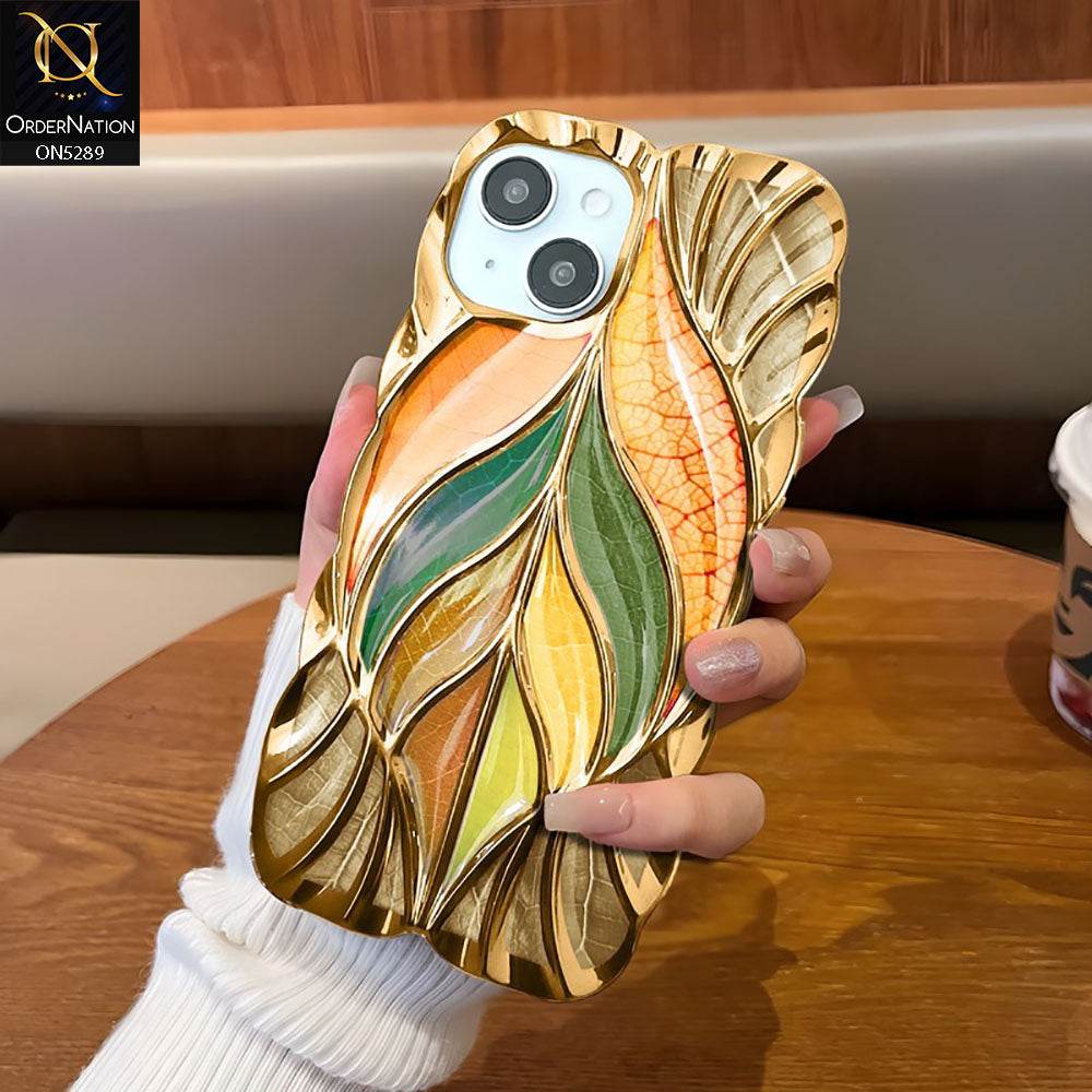 iPhone 13 Cover - Golden - Luxury 3D Colorful Maple Leaf Electroplatiang Wavy Soft Border Case - Futurestore.pk