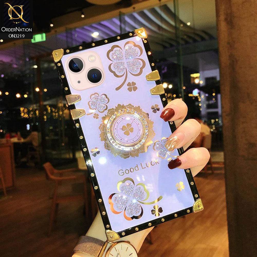 iPhone 13 Cover - Light Purple - Square Bling Diamond Glitter Soft TPU Trunk Case with Ring Holder - Futurestore.pk