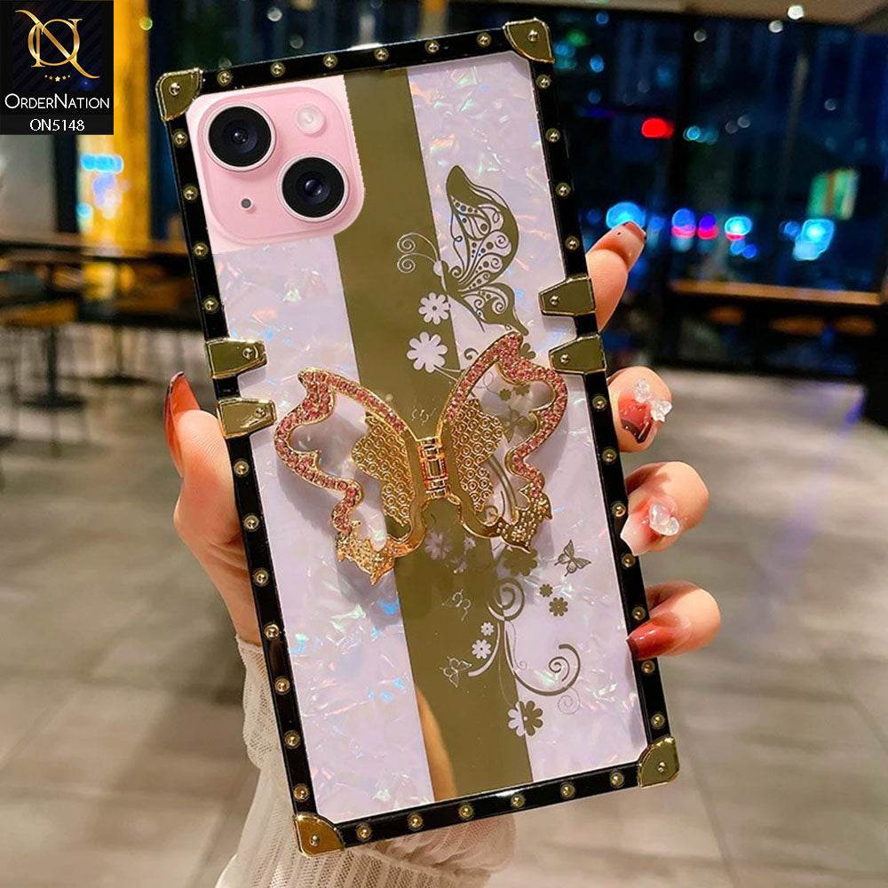 iPhone 13 Cover - Lilac - Luxury Shiny Rhinestone Butterfly Electroplated Square Trunk Soft Case - Futurestore.pk