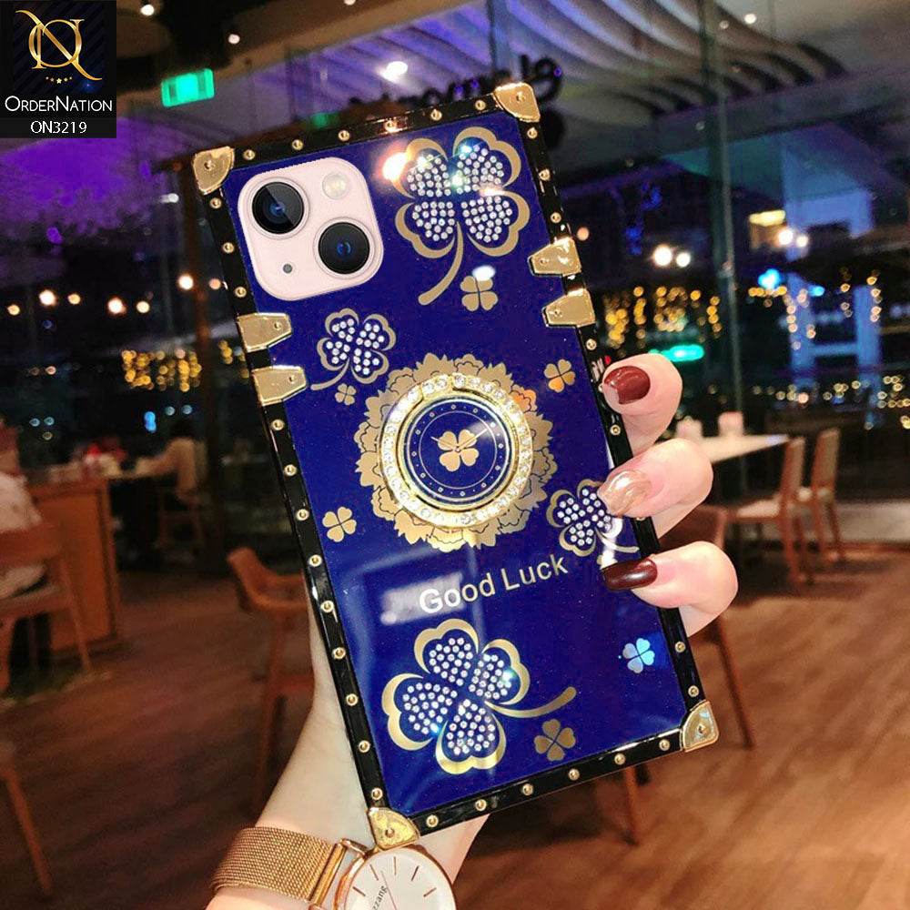 iPhone 13 Cover - Blue - Square Bling Diamond Glitter Soft TPU Trunk Case with Ring Holder - Futurestore.pk