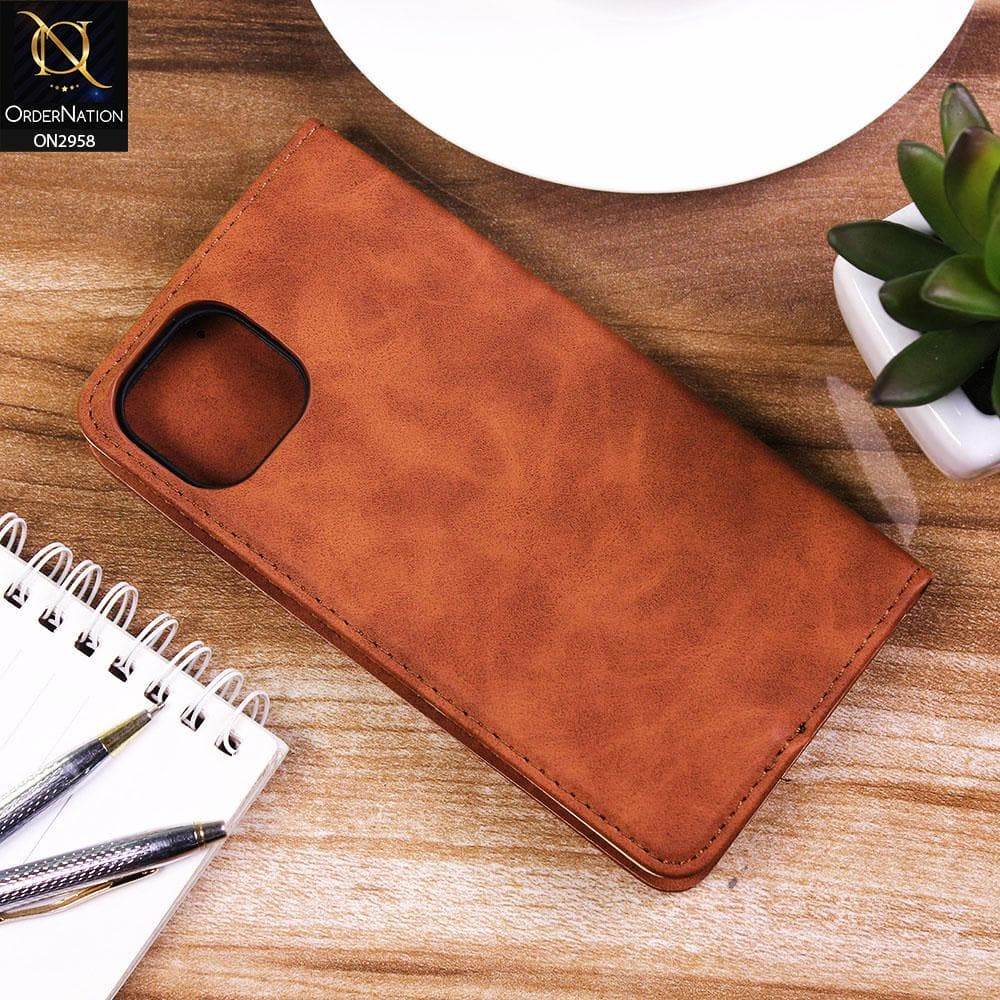 iPhone 13 Cover - Brown - Elegent Leather Wallet Flip book Card Slots Case - Futurestore.pk
