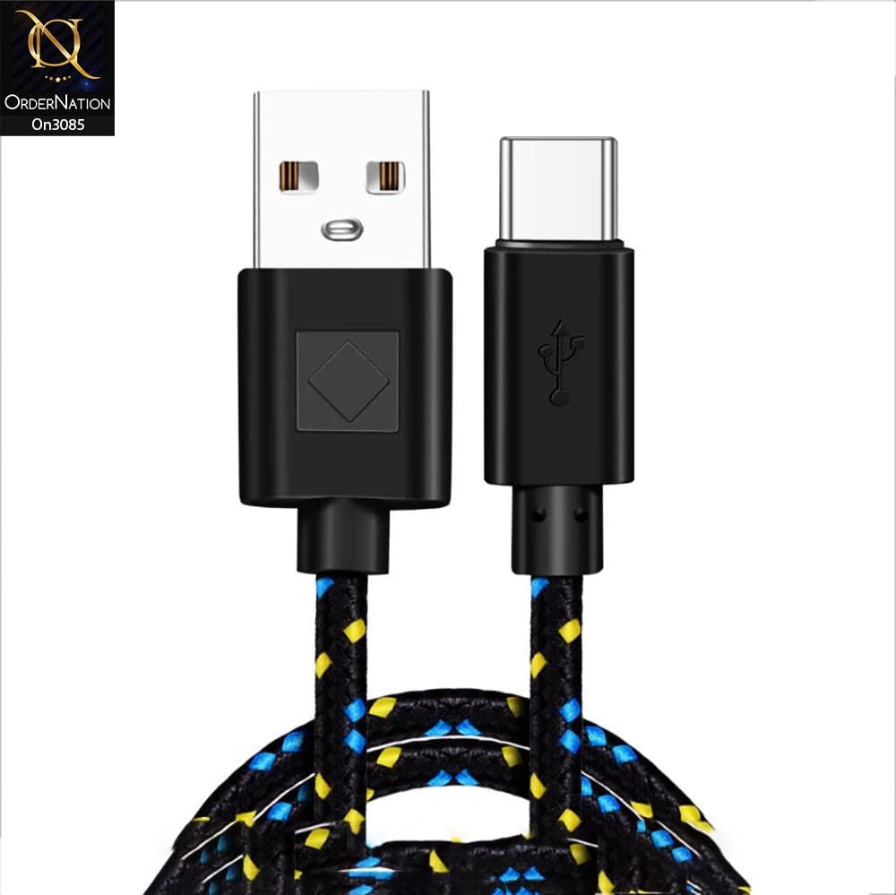 Black - 3M - Type-C - Premium Quality Braided Wire Type-C USB Cable Sync Nylon Woven Charger Cord