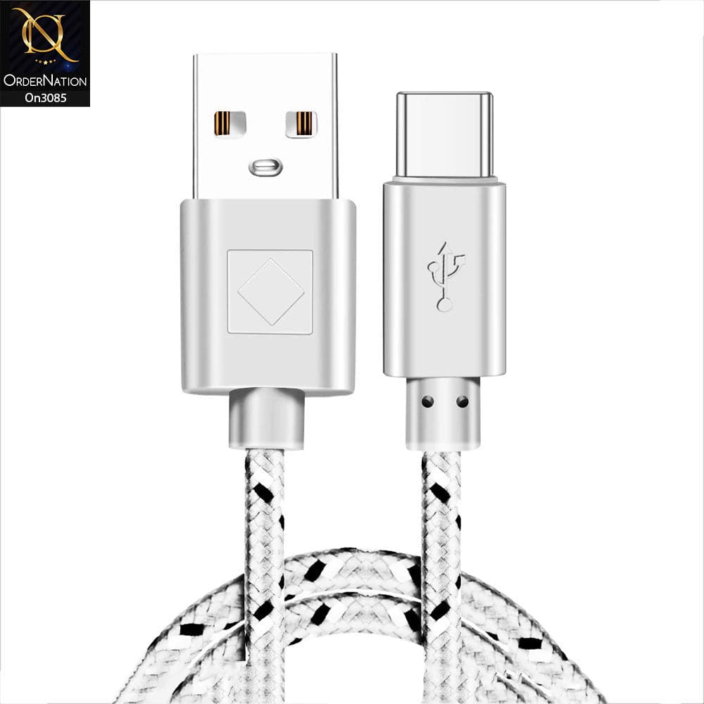 White - 1M - Type-C - Premium Quality Braided Wire Type-C USB Cable Sync Nylon Woven Charger Cord