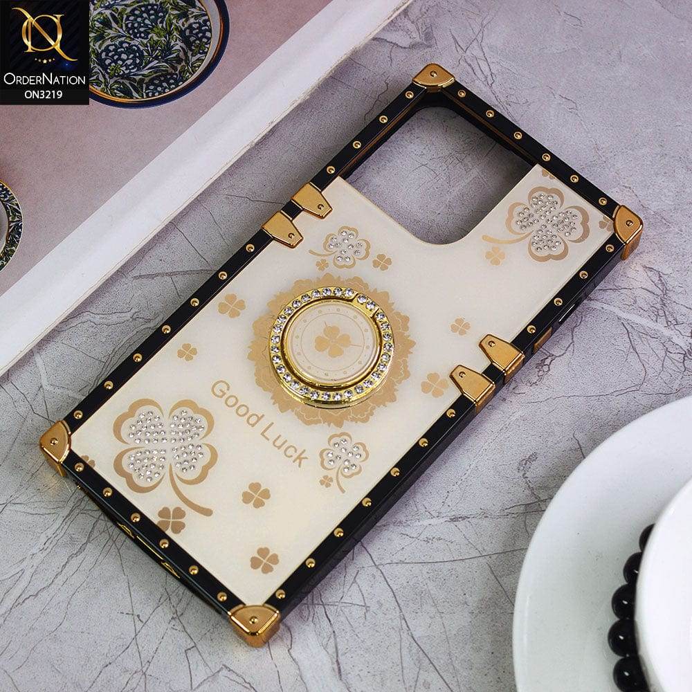 iPhone 16 Pro Max Cover - Ash White - Square Bling Diamond Glitter Soft TPU Trunk Case with Ring Holder - Futurestore.pk