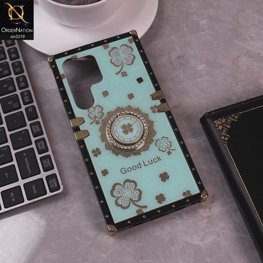 Samsung Galaxy S24 Ultra Cover - Sea Green - Square Bling Diamond Glitter Soft TPU Trunk Case with Ring Holder