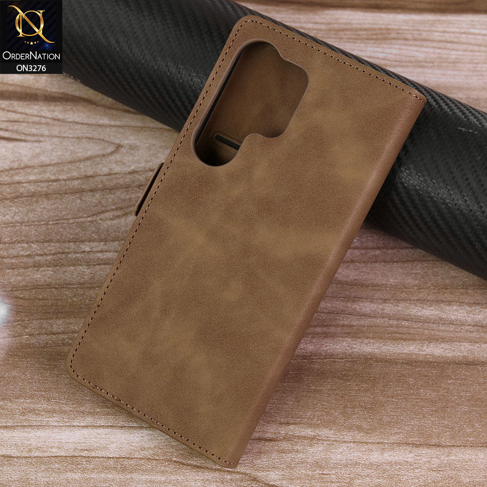 Samsung Galaxy S25 Ultra Cover - Light Brown - ONation Business Flip Series - Premium Magnetic Leather Wallet Flip book Card Slots Soft Case