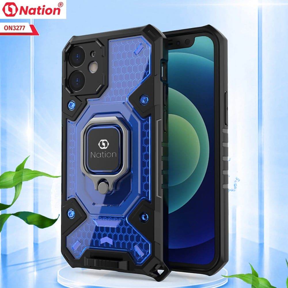 iPhone 13 Cover - Blue - ONation BIBERCAS Series - Honeycomb Shockproof Space Capsule With Magnetic Ring Holder Soft Case