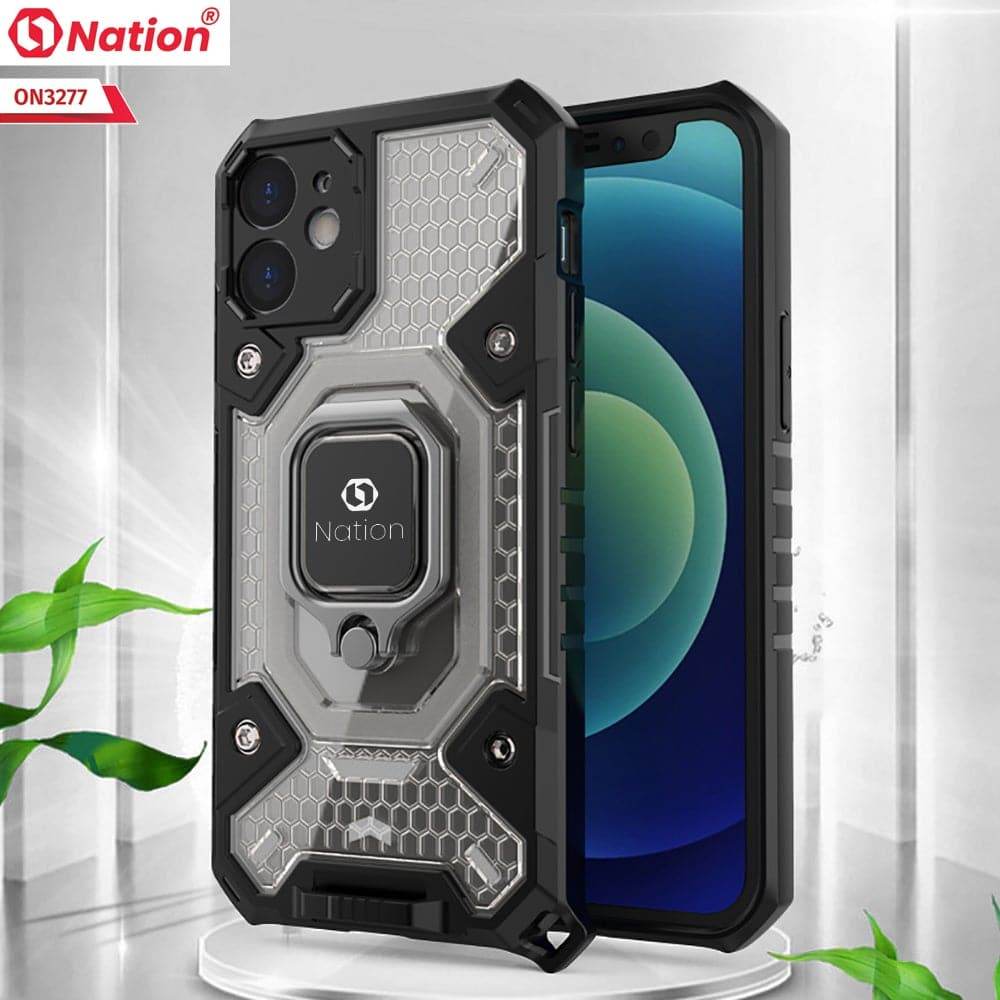 iPhone 13 Cover - Black - ONation BIBERCAS Series - Honeycomb Shockproof Space Capsule With Magnetic Ring Holder Soft Case