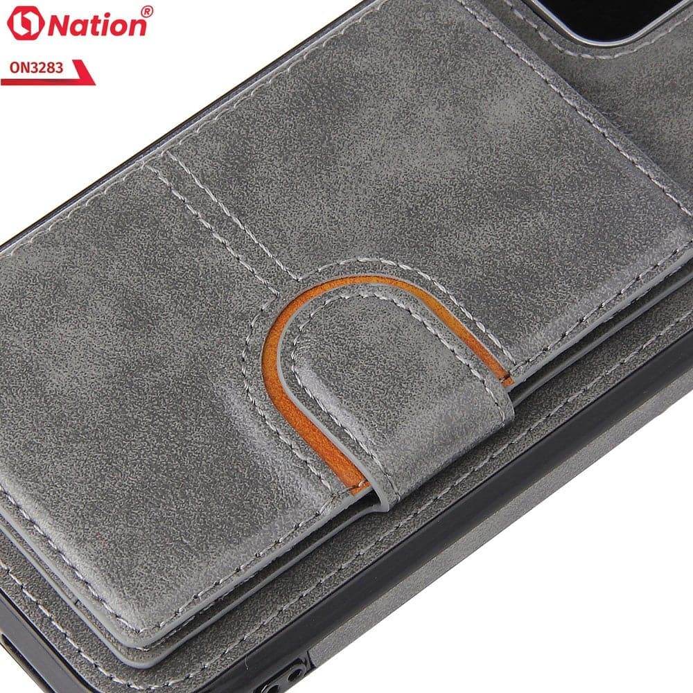 iPhone 13 Cover - Gray - ONation Ultra Series - Multi-Purpose Premium Leather Ultra Wallet Soft Case With Card Holders and Phone Stand - Futurestore.pk