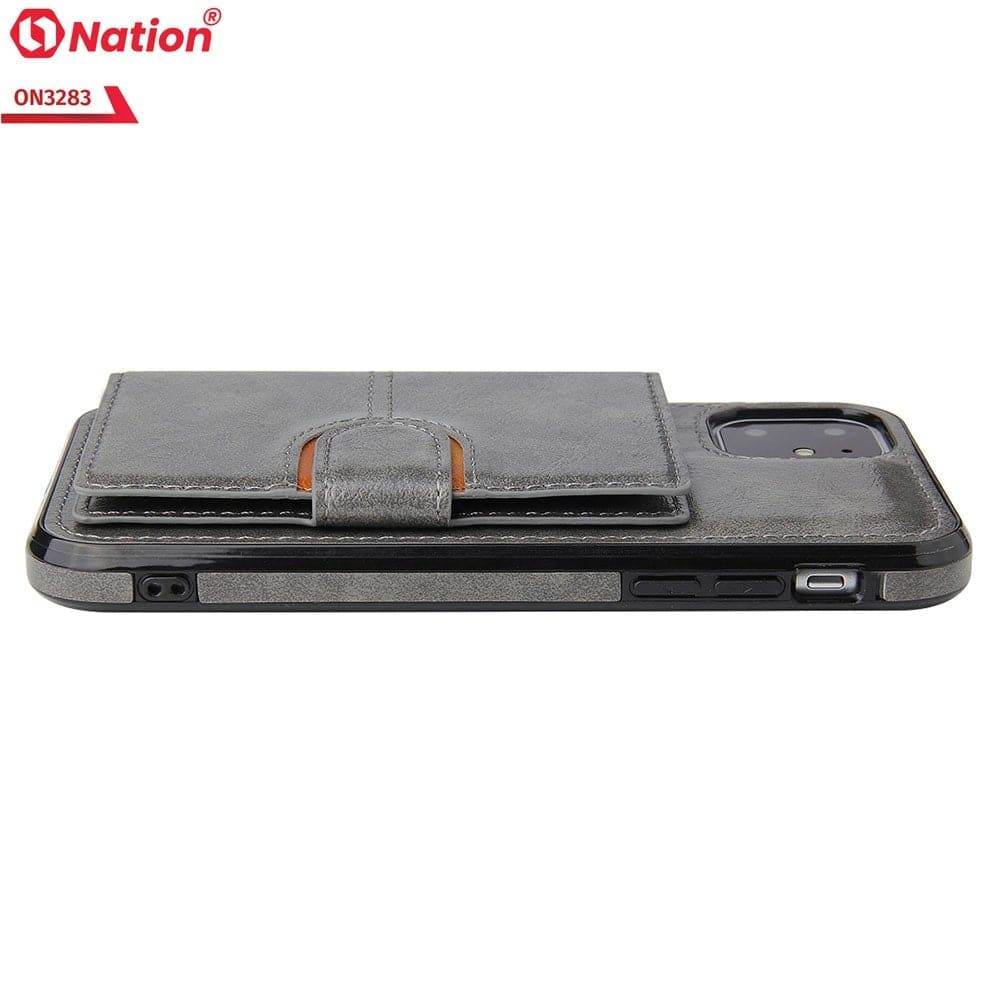 iPhone 13 Cover - Gray - ONation Ultra Series - Multi-Purpose Premium Leather Ultra Wallet Soft Case With Card Holders and Phone Stand - Futurestore.pk