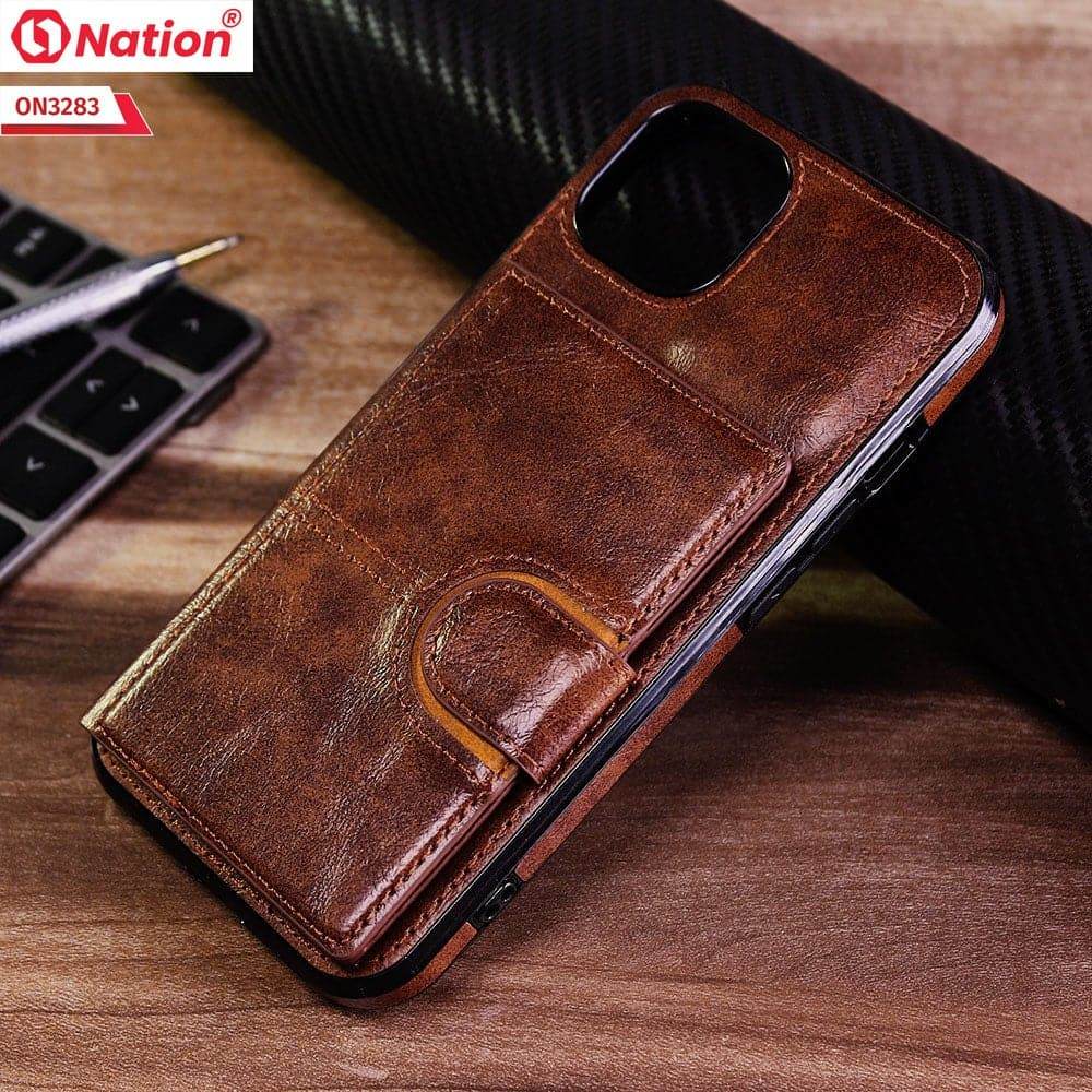 iPhone 13 Cover - Brown - ONation Ultra Series - Multi-Purpose Premium Leather Ultra Wallet Soft Case With Card Holders and Phone Stand - Futurestore.pk