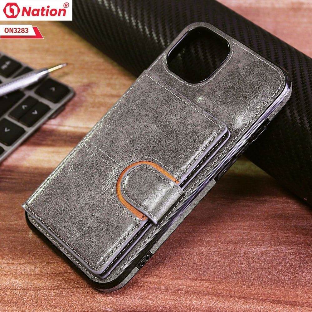 iPhone 13 Cover - Gray - ONation Ultra Series - Multi-Purpose Premium Leather Ultra Wallet Soft Case With Card Holders and Phone Stand - Futurestore.pk