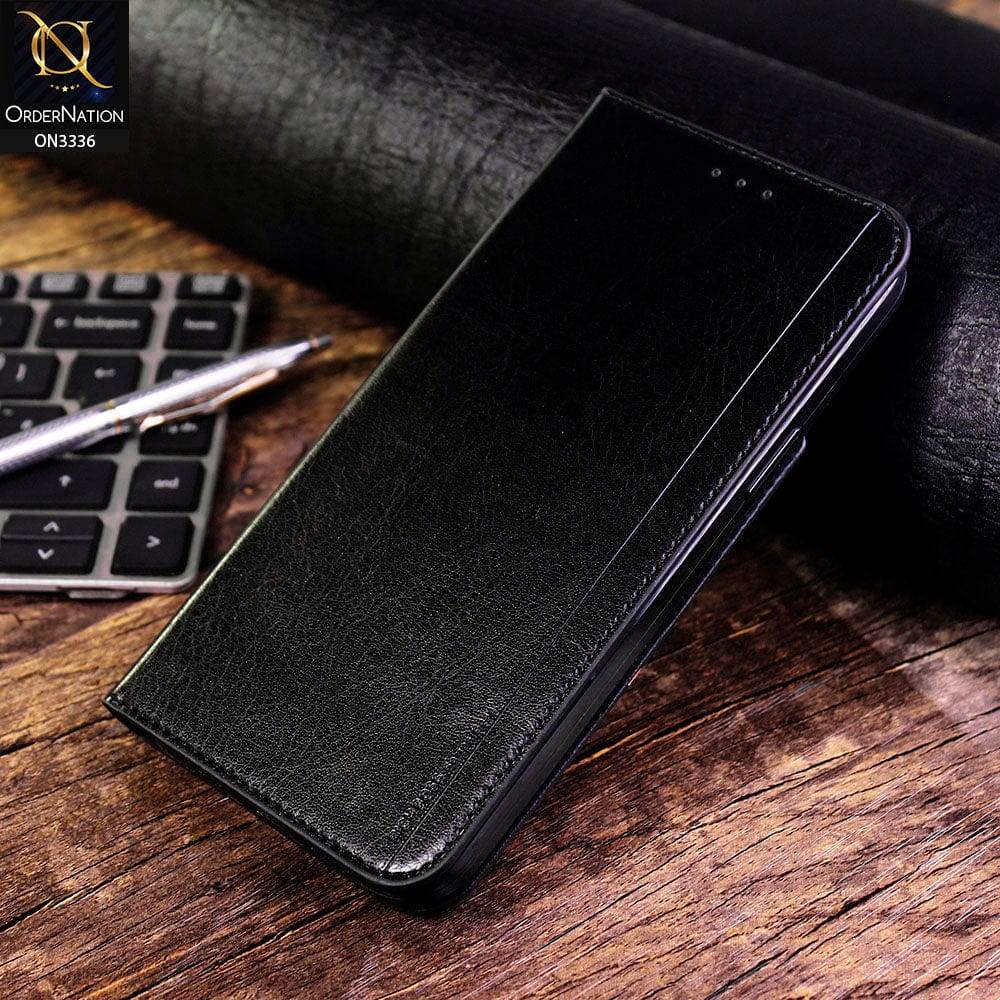 iPhone 13 Cover - Black - Rich Boss Leather Texture Soft Flip Book Case - Futurestore.pk