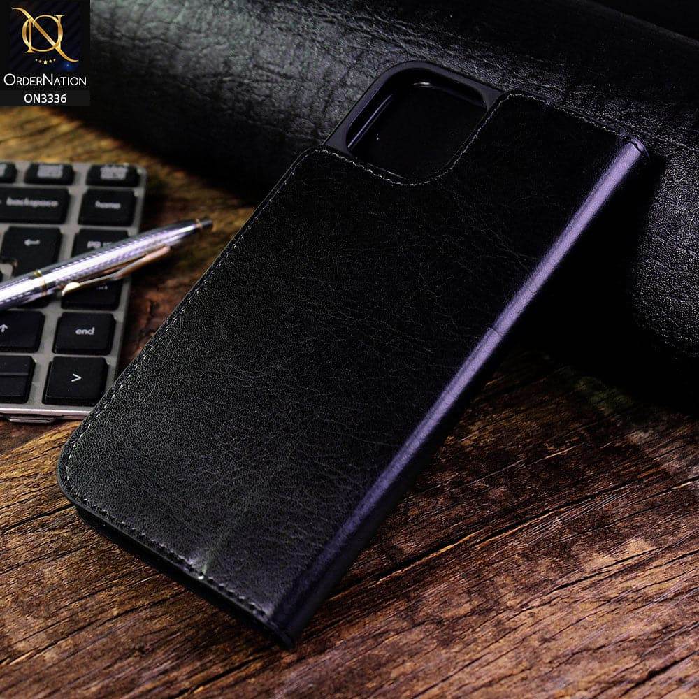 iPhone 13 Cover - Black - Rich Boss Leather Texture Soft Flip Book Case - Futurestore.pk