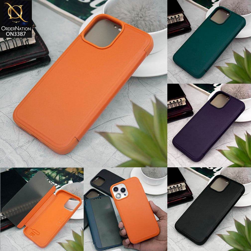 iPhone 13 Cover - Green - New Hhumanized Semi Transparent Half Pc Window Soft Leather Flip Case