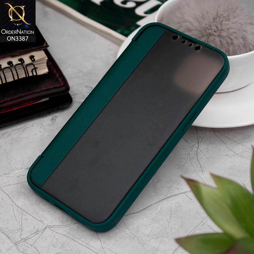 iPhone 13 Cover - Green - New Hhumanized Semi Transparent Half Pc Window Soft Leather Flip Case