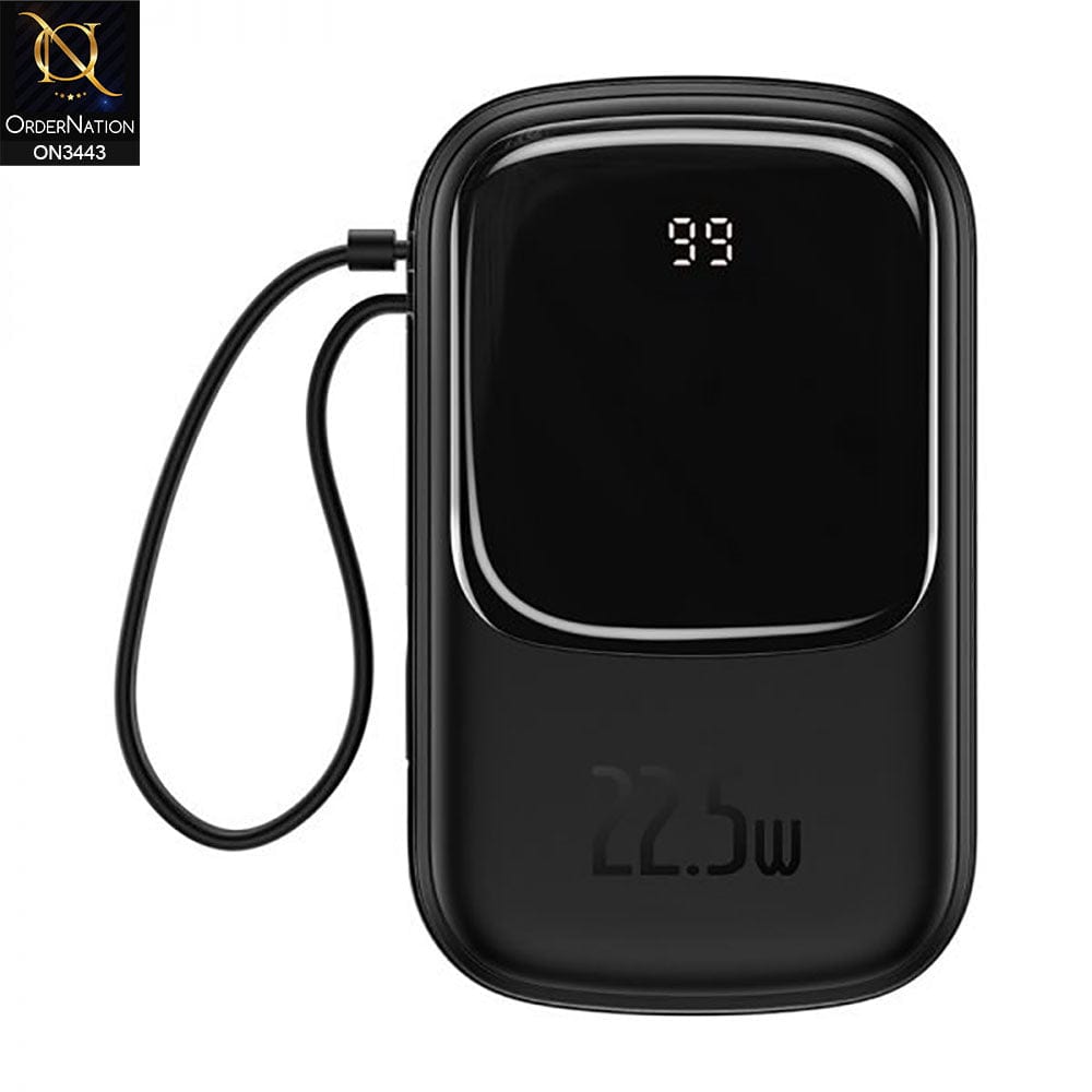 Black - Baseus QPow Digital Display Quick Charge Wired Power Bank 20000mAh (Type C Cable) 22.5W