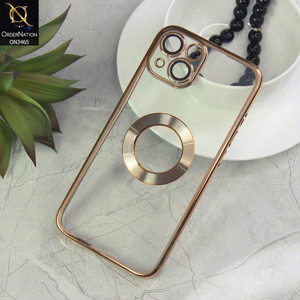 iPhone 13 Cover - Golden - Soft Color Borders Logo Hole With Camera Protection Clear Back Case - Futurestore.pk