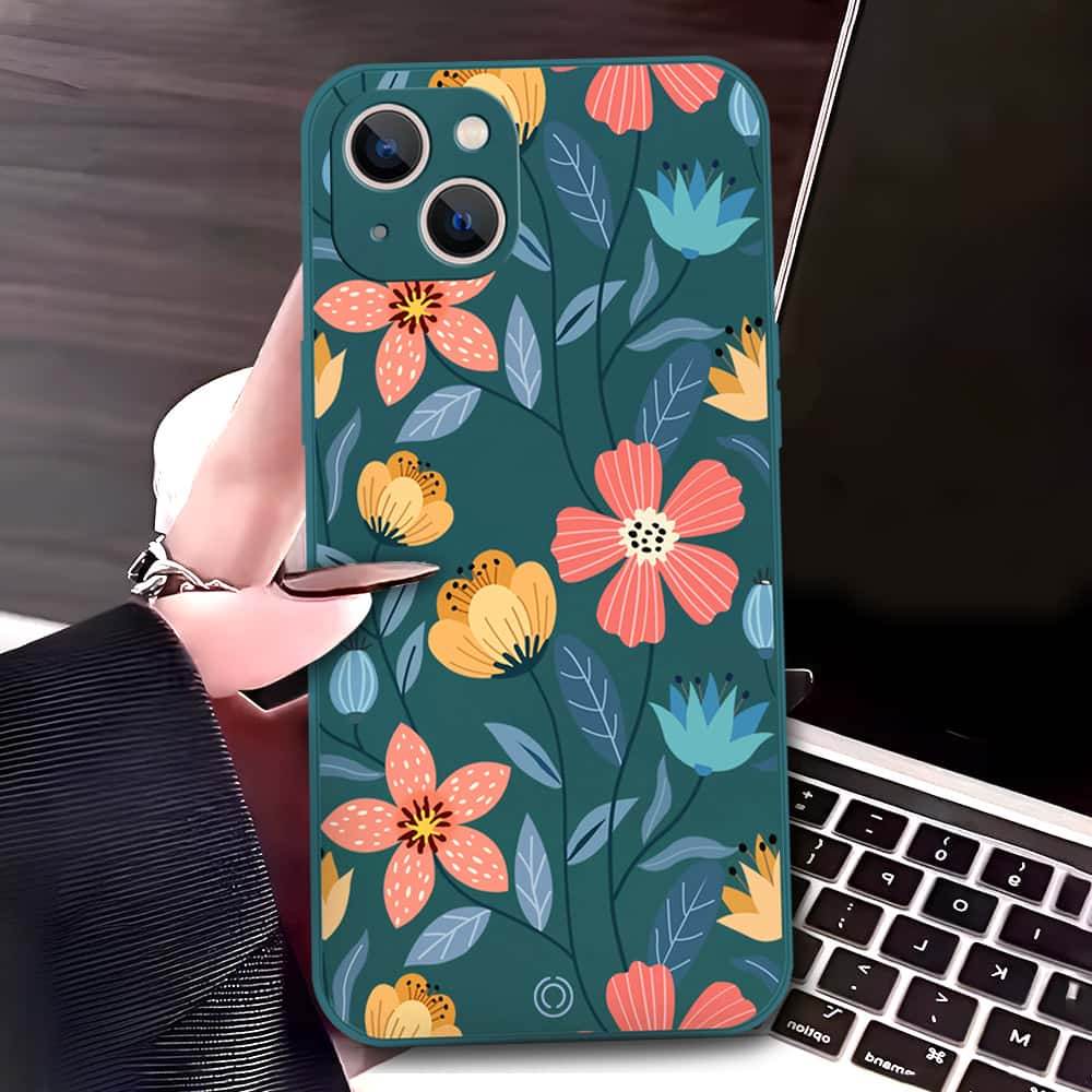 iPhone 13 Cover - Dark Green - D2 - ONation Floral Series - HQ Liquid Silicone Soft Case - Futurestore.pk