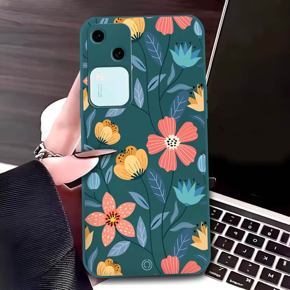 Vivo V30 Cover - Dark Green - D2 - ONation Floral Series - HQ Liquid Silicone Soft Case - Futurestore.pk