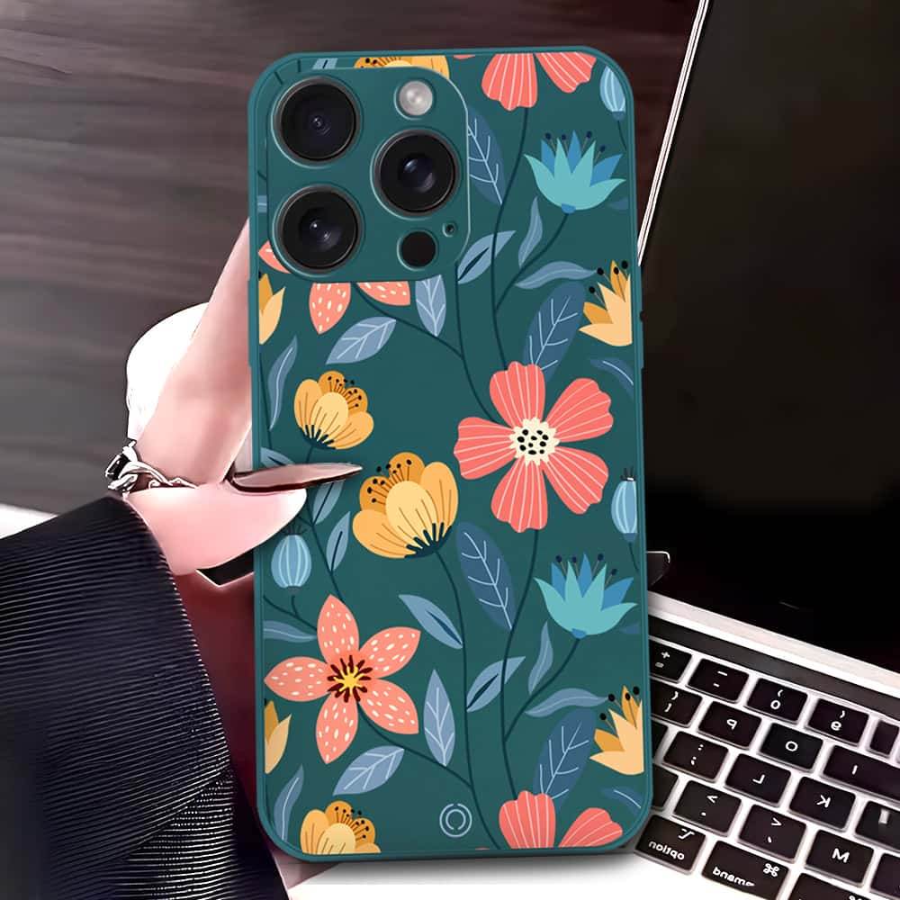 iPhone 16 Pro Max Cover - Dark Green - D2 - ONation Floral Series - HQ Liquid Silicone Soft Case - Futurestore.pk