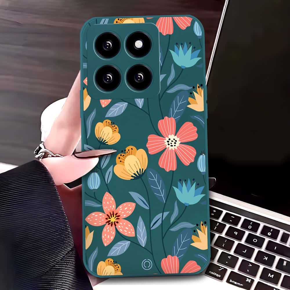 Xiaomi 14 Cover - Dark Green - D2 - ONation Floral Series - HQ Liquid Silicone Soft Case