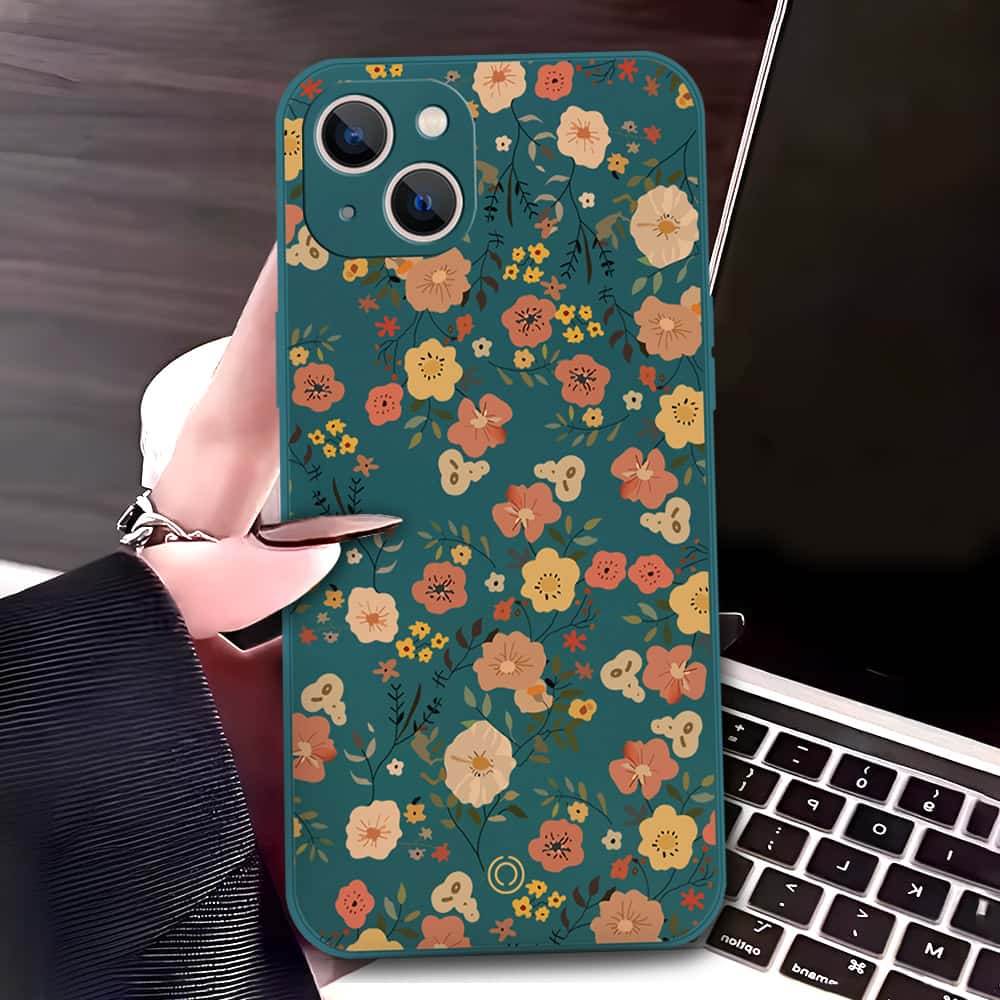 iPhone 13 Cover - Dark Green - D3 - ONation Floral Series - HQ Liquid Silicone Soft Case - Futurestore.pk