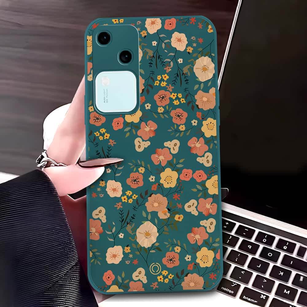 Vivo V30 Cover - Dark Green - D3 - ONation Floral Series - HQ Liquid Silicone Soft Case - Futurestore.pk