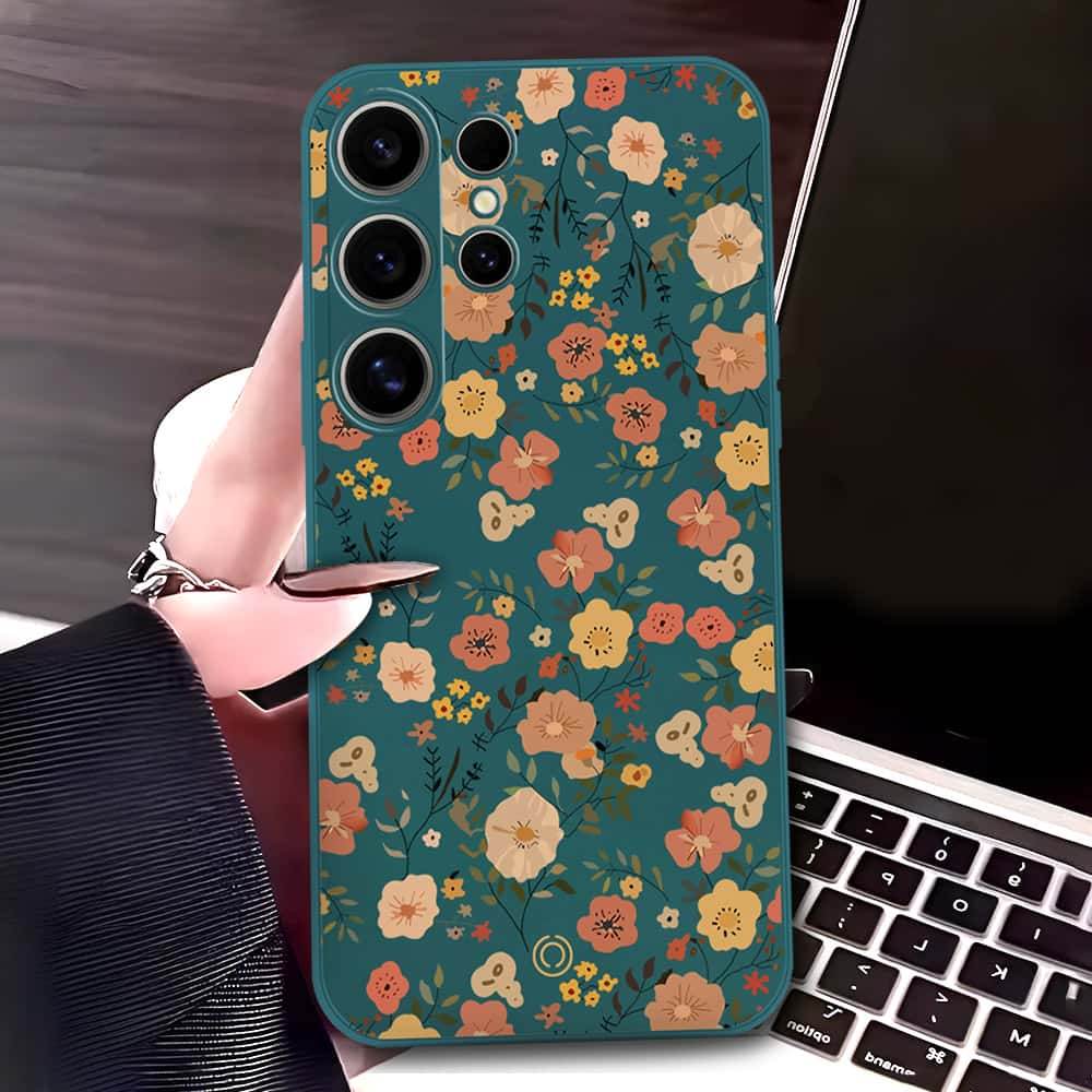 Samsung Galaxy S24 Ultra Cover - Dark Green - D3 - ONation Floral Series - HQ Liquid Silicone Soft Case - Futurestore.pk