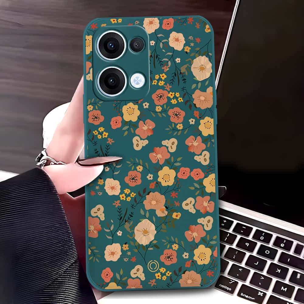 Oppo Reno 13 Cover - Dark Green - D3 - ONation Floral Series - HQ Liquid Silicone Soft Case - Futurestore.pk