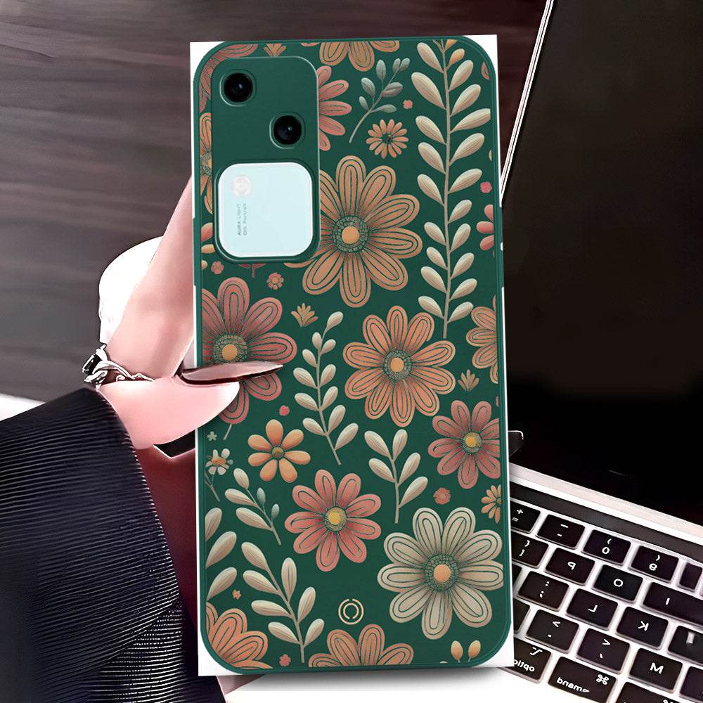 Vivo V30 Cover - Dark Green - D4 - ONation Floral Series - HQ Liquid Silicone Soft Case - Futurestore.pk