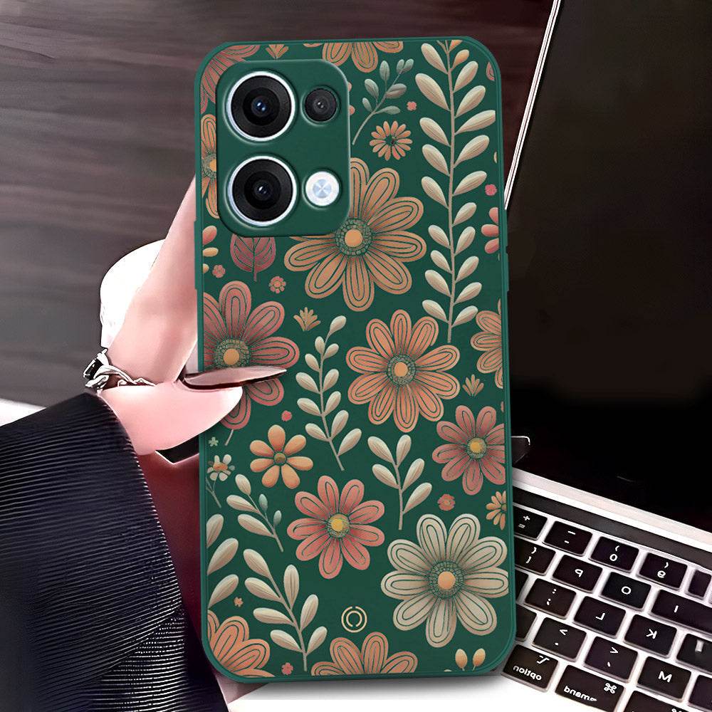 Oppo Reno 13 Cover - Dark Green - D4 - ONation Floral Series - HQ Liquid Silicone Soft Case - Futurestore.pk
