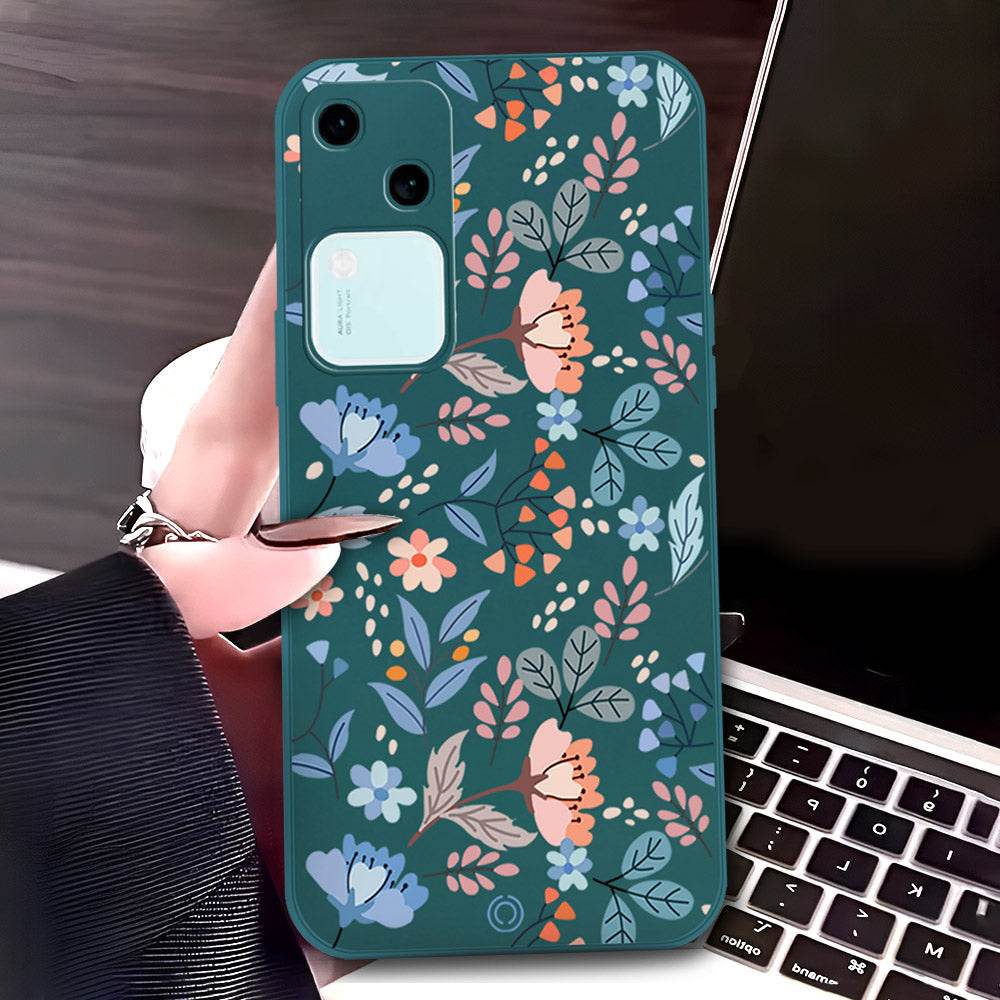 Vivo V30 Cover - Dark Green - D1 - ONation Floral Series - HQ Liquid Silicone Soft Case - Futurestore.pk